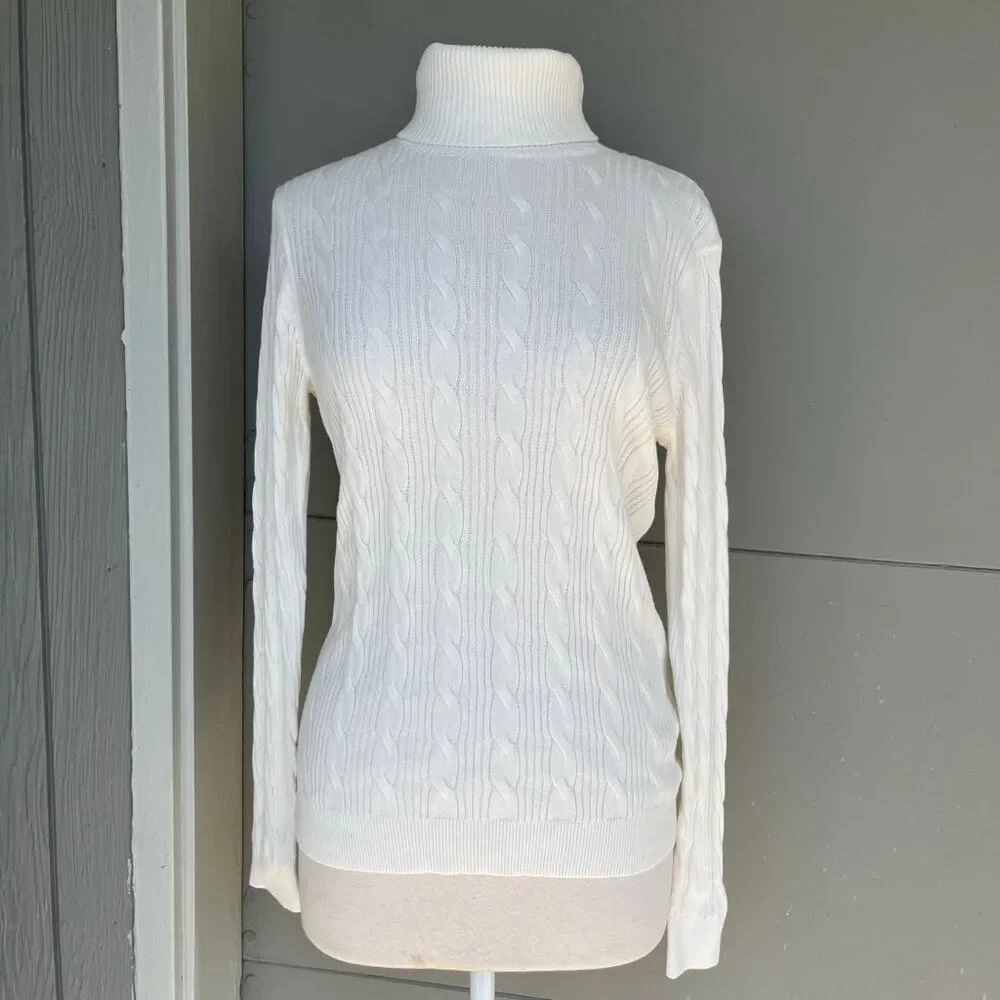 Lands’ End Lighthouse Ivory Cotton Cable Knit Turtleneck Sweater NWT M